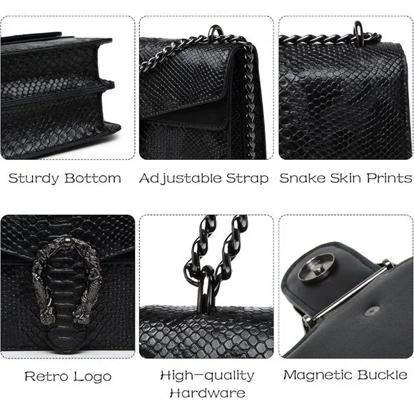 Snake Print Leather Blue Crossbody Bag for Women Chain Strap and Clutch Style - Picture 5 of 7